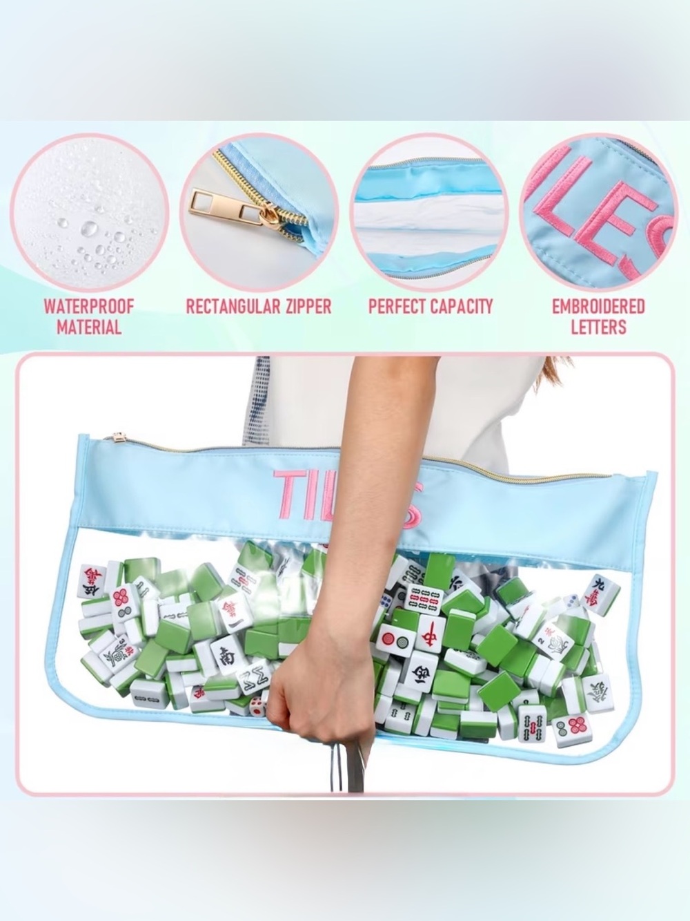 Embroidered Tile Storage Pouch - Light Blue with Pink Accent
